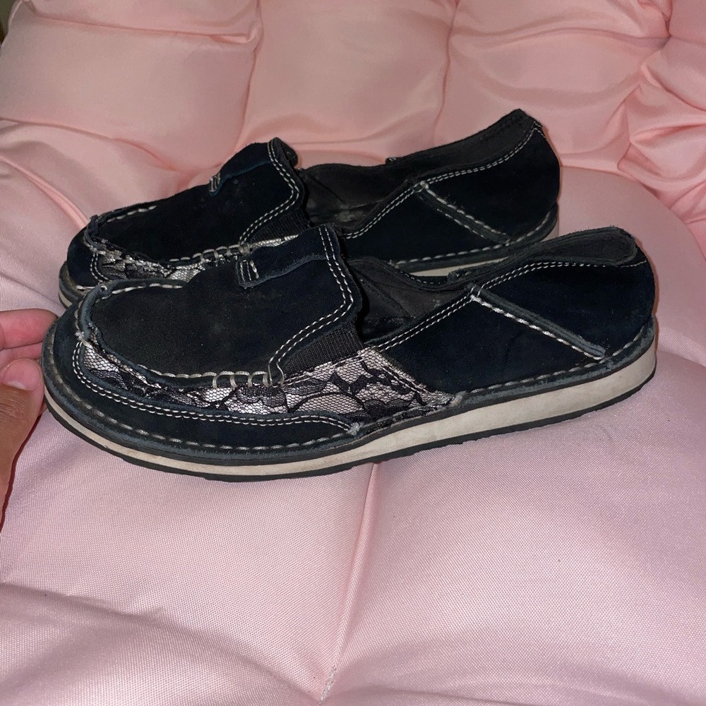 Black Slip-On Loafers with Lace Print Accent